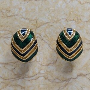 Vintage D'Orian Gold Tone With Blue & Green Enamel Clip On Earrings